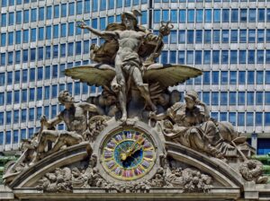 Glory of Commerce (1914), a sculptural group by Jules-Félix Coutan (1848–1939) featuring Mercury as the central figure atop Grand Central Terminal, New York City for Jungian Dreams blog post