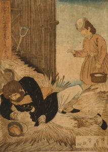 Japanese print by Toshichika (1850) shows a woman offering assistance to a destitute man lying on straw. for Altruism blog post