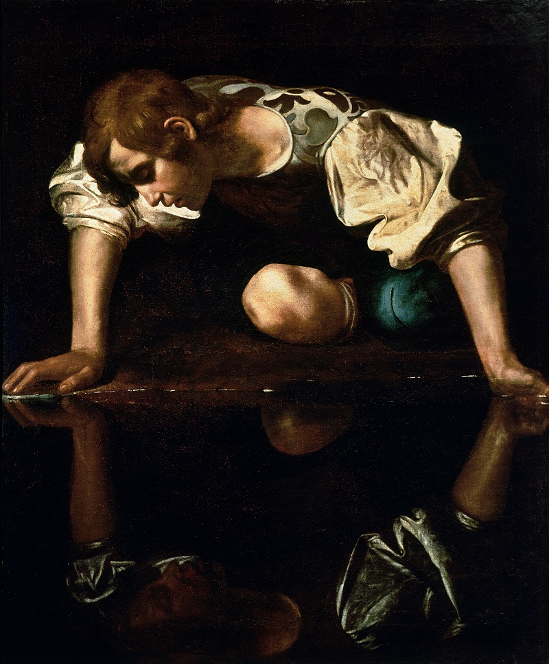 Narcissus (1597–1599) by Caravaggio (1571–1610) for narcissism blog post